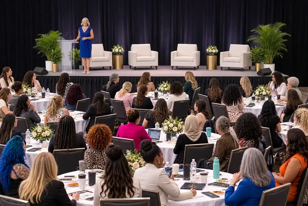 A woman in a blue dress speaks at a podium on stage before a ballroom full of women seated at round tables.
